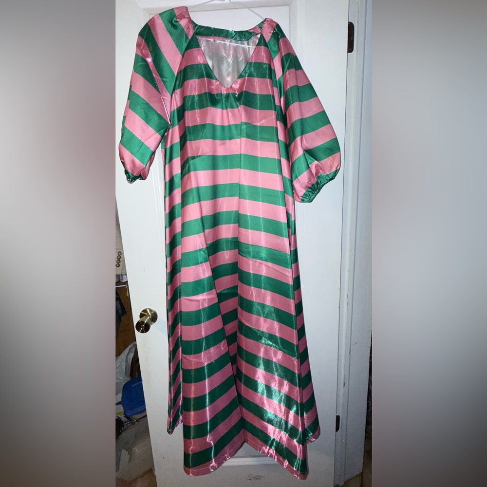 Striped Pink and Green Satin Ladies dress